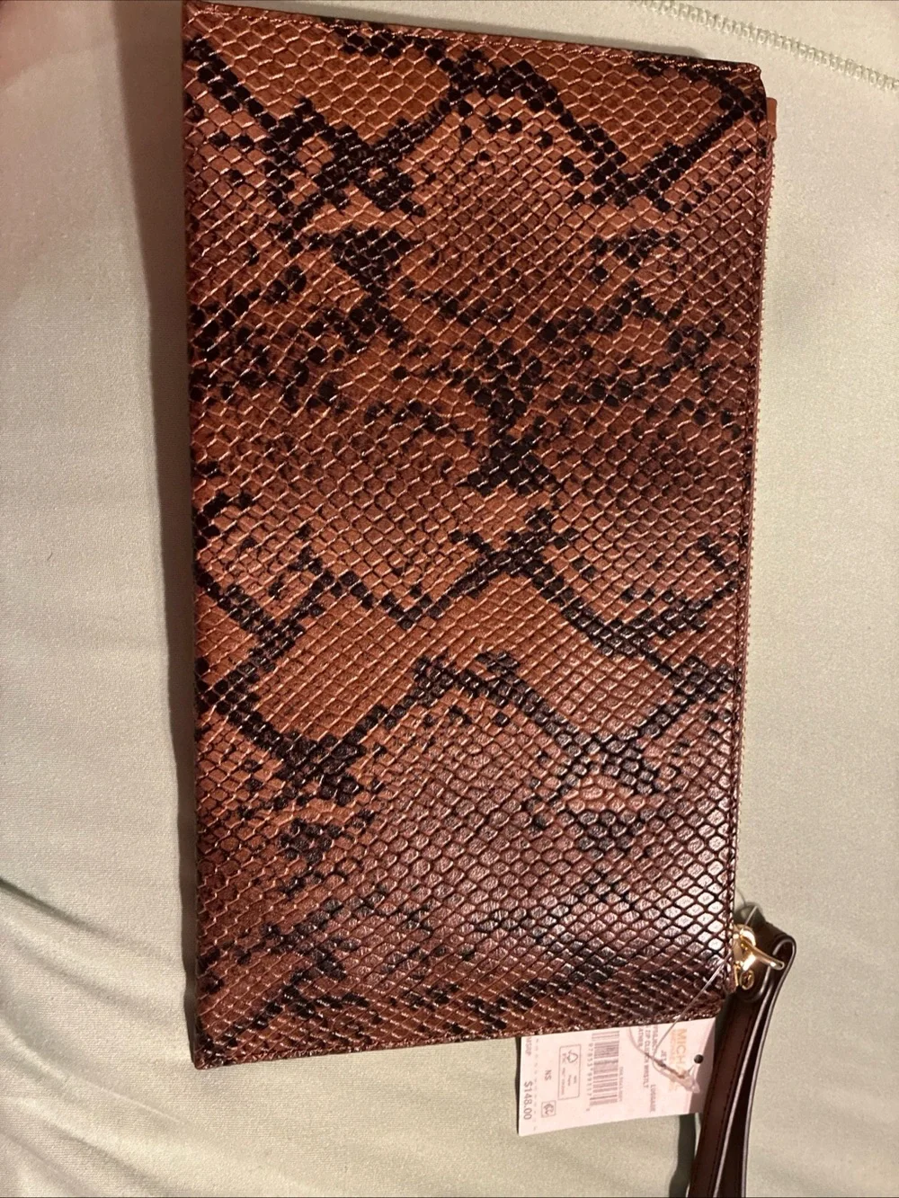 Michael Kors Brown Snake-Print Wristlet Clutch with Gold Hardware